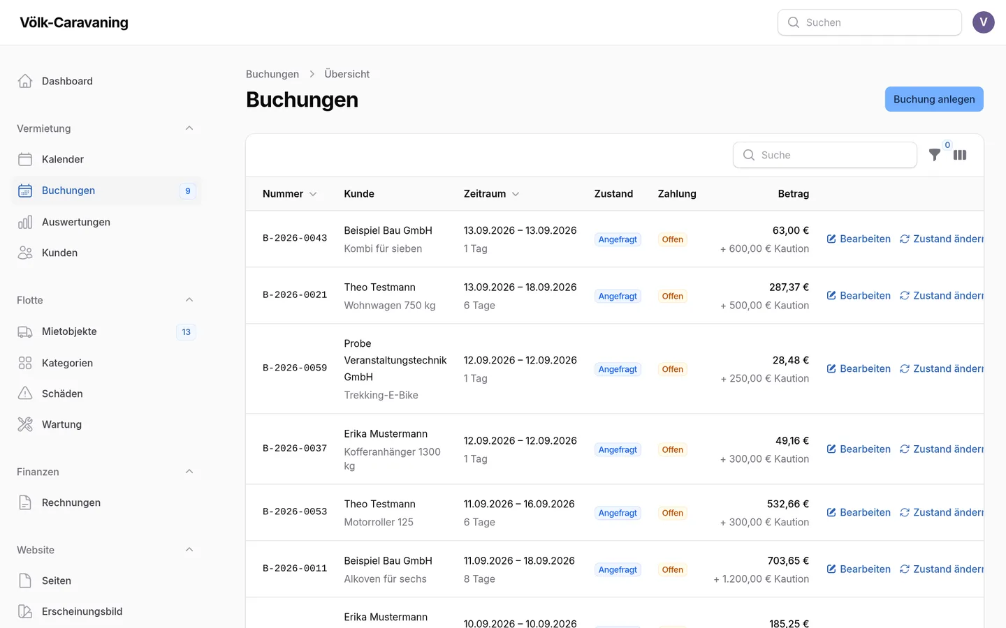 Buchungsliste mit Zustand, Zeitraum und Betrag