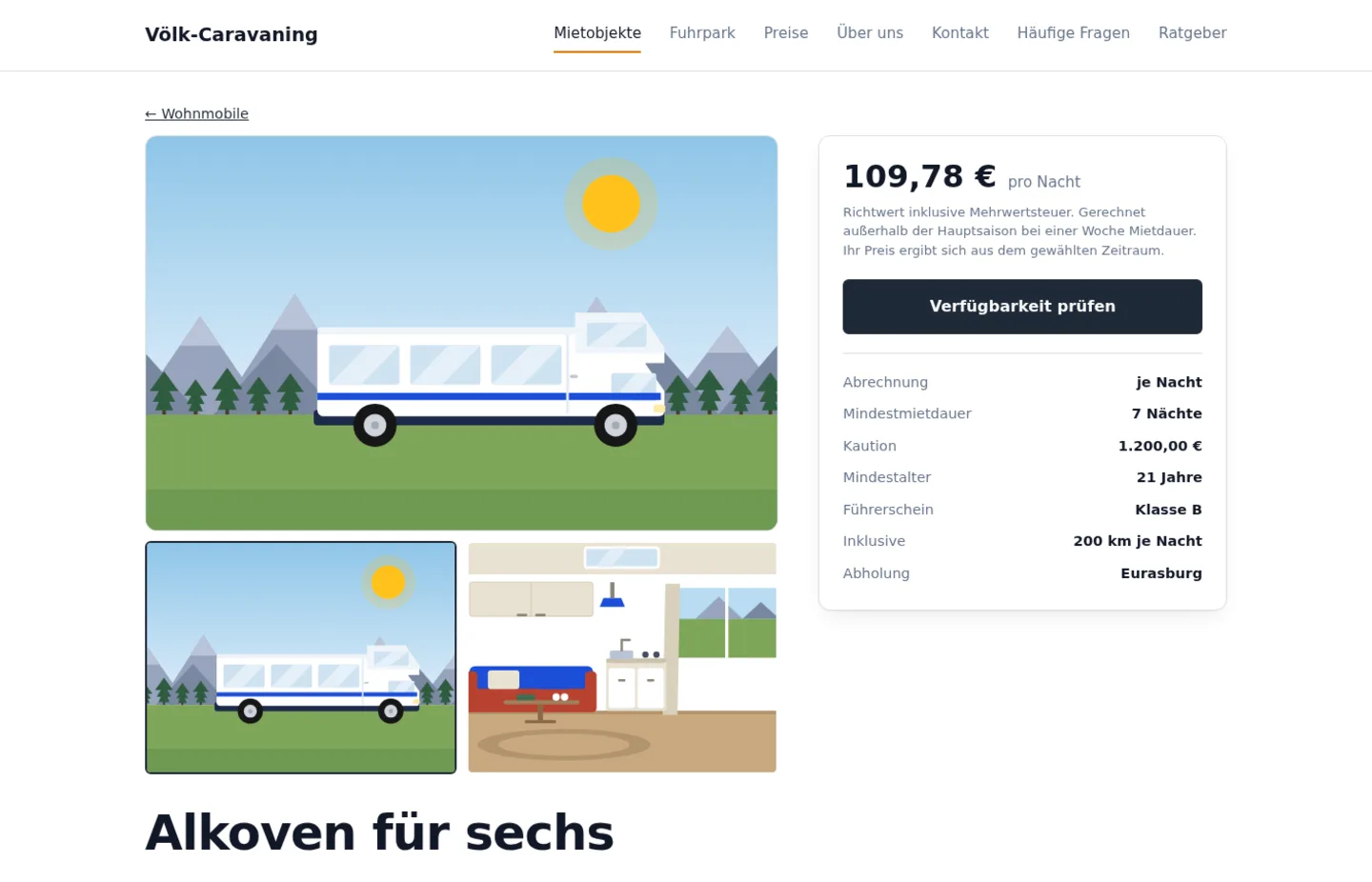Öffentliche Seite eines Mietobjekts mit Galerie und Preis je Nacht